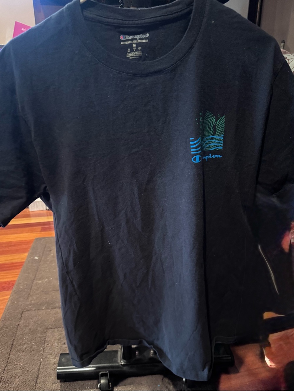 Champion Black T-Shirt with Blue & Teal Chest Graphic